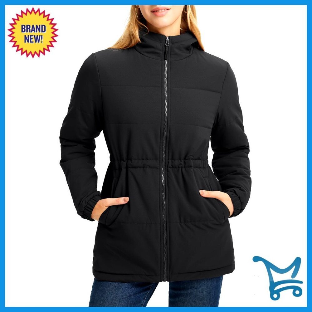 Long Puffer Jacket Quilted Insulated Winter Coat Hooded Hiking Running